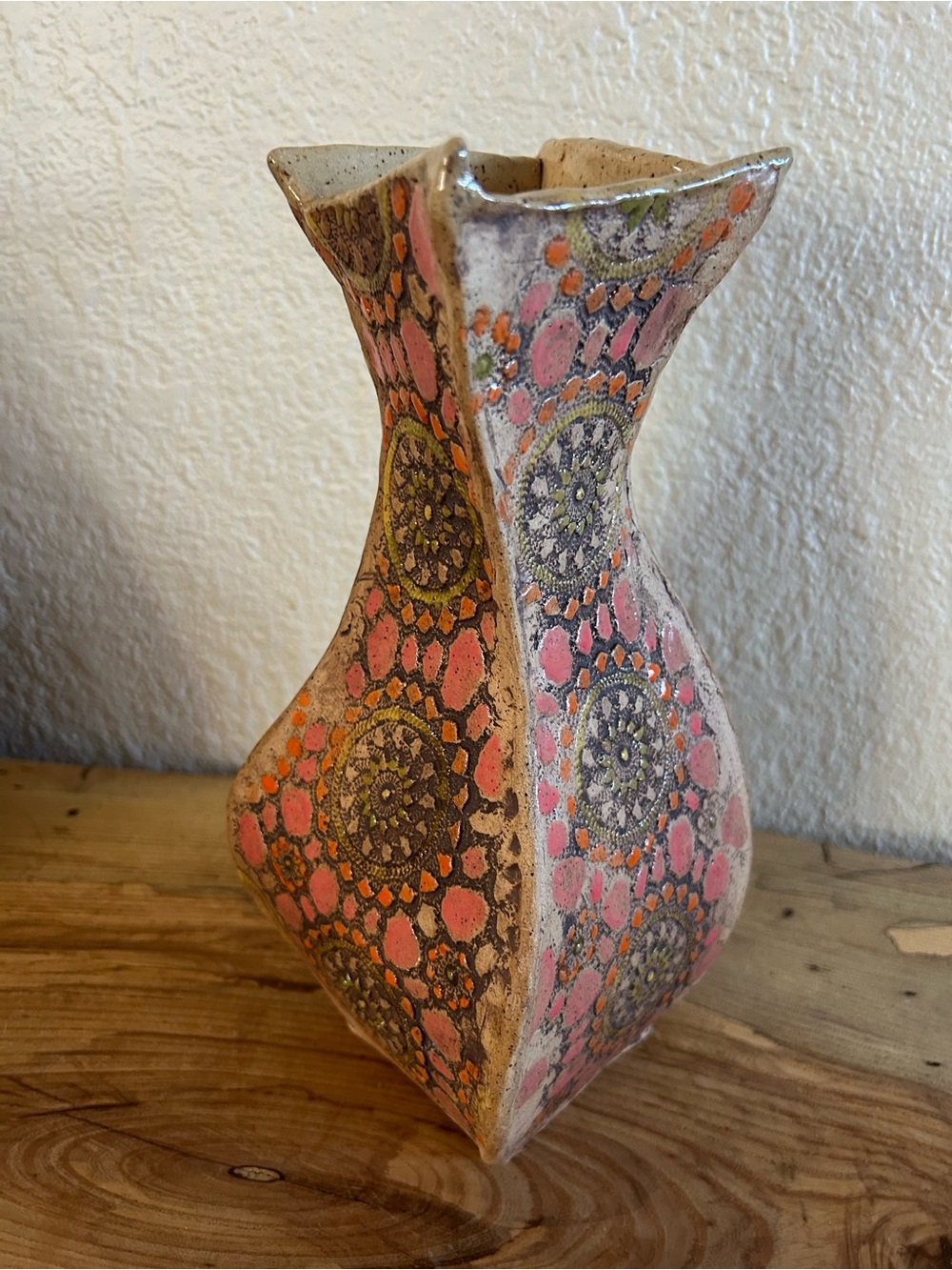 Studio Art Pottery Slab Vase Signed Jody 11.5” Hourglass Geometric Mandala